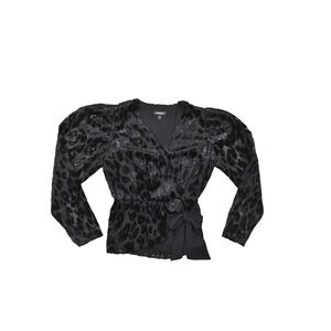 EXPRESS Women's Size Medium Black Velvet Leopard Print Metallic Wrap Peplum Top